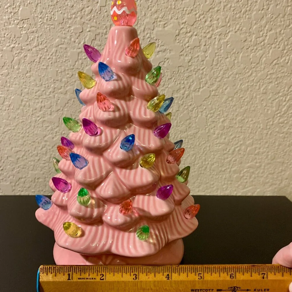 NWB Pink Ceramic Lighted Easter Tree with Multicolor Lights and Egg Topper